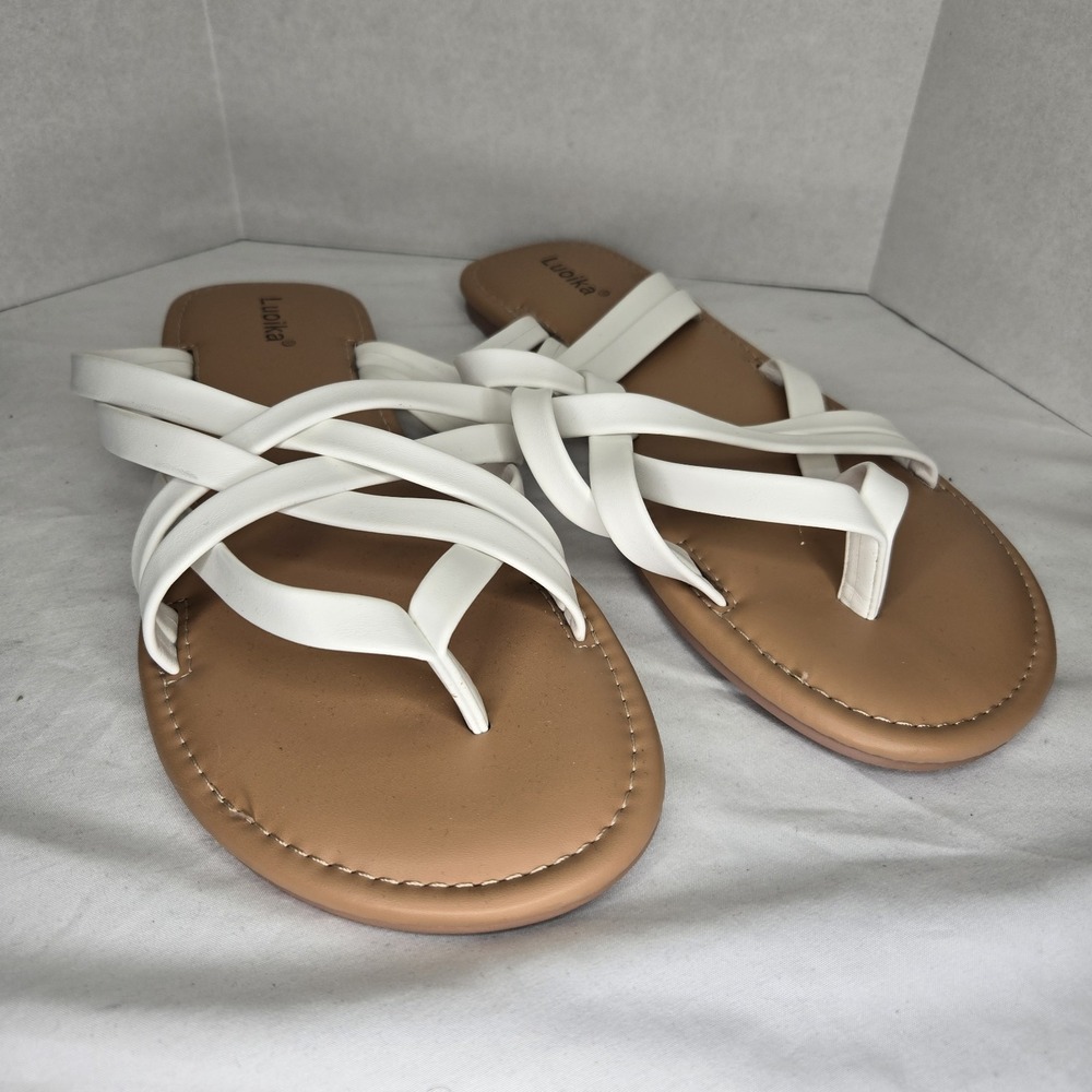 Luoika Slip On Flat Criss Cross Sandals Womens 10.5W White Vacation Beach Coast